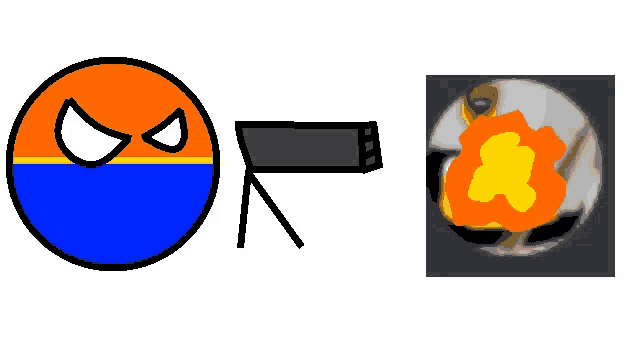 a drawing of a ball with an angry face next to a drawing of a flame