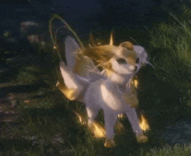 a fox with wings is standing in the grass and looking at something .