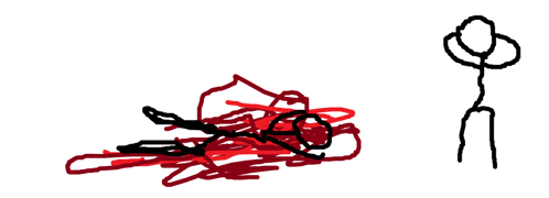 a drawing of a stick figure standing next to a pile of blood on the ground