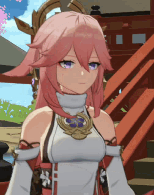a girl with pink hair is wearing a white top