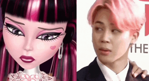 a monster high doll and a man with pink hair are next to each other
