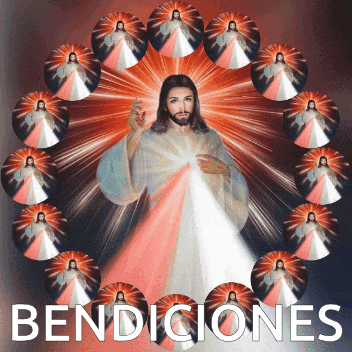 a picture of jesus surrounded by circles with the words bendiciones on the bottom