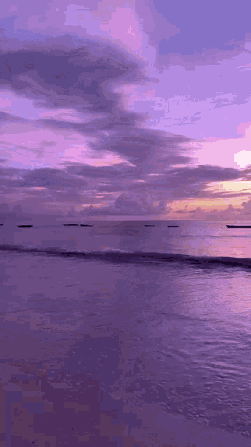 a beach with a purple sky and waves coming in
