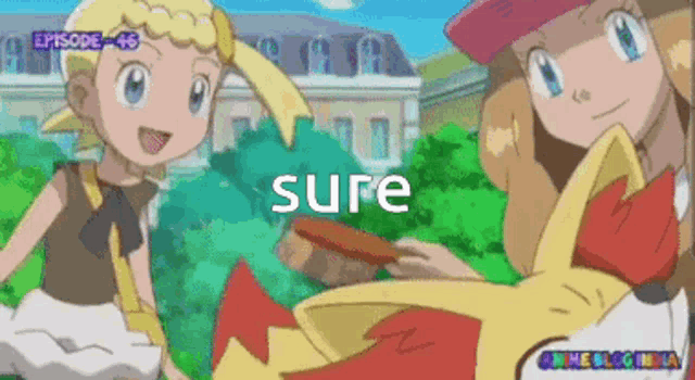 two cartoon girls are standing next to each other with the word sure in the corner
