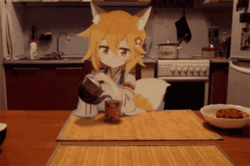 a cartoon character is pouring something into a cup on a table