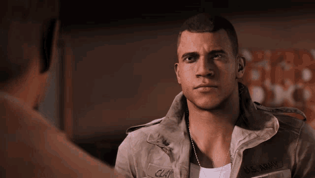 a man in a u.s. army uniform talks to another man in a video game