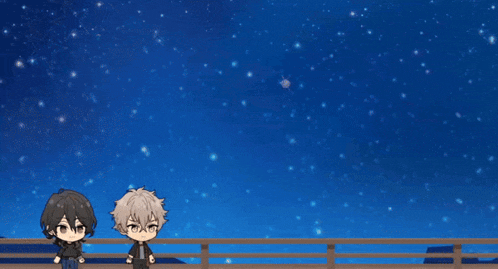 two anime characters standing on a fence looking at a starry sky