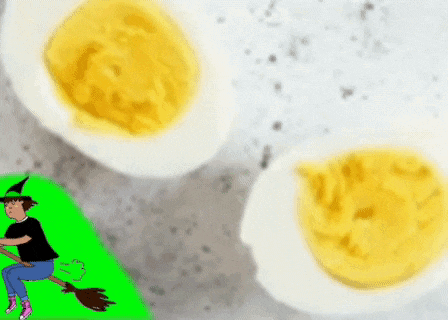 a cartoon of a witch riding a broom in front of eggs