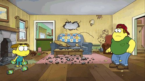 two cartoon characters in a living room with a couch that has a hole in it that says " nu fla "