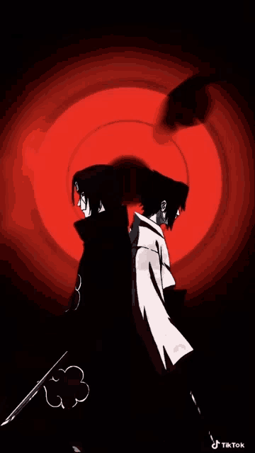 two anime characters are standing next to each other in front of a red background