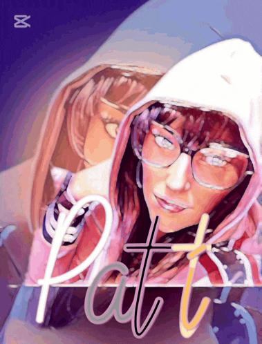 a painting of a woman wearing glasses and a pink hoodie with the word patt written on it