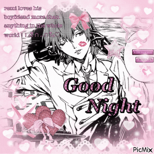 a picture of a man with a pink bow and the words good night on it