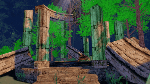 a computer generated image of a forest with trees and a staircase