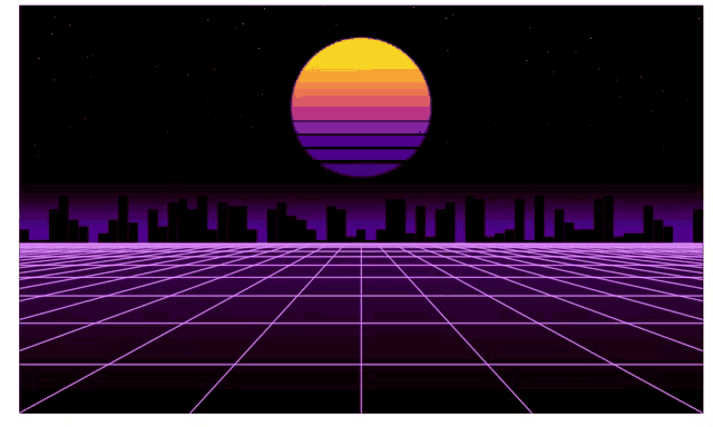 a futuristic landscape with a city skyline and a sun in the background