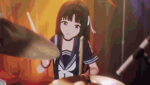 a girl in a school uniform is playing drums in a band .