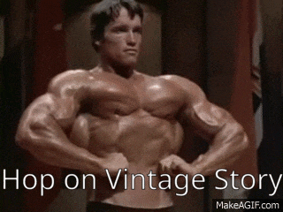arnold schwarzenegger is posing for a picture with the words hop on vintage story above him