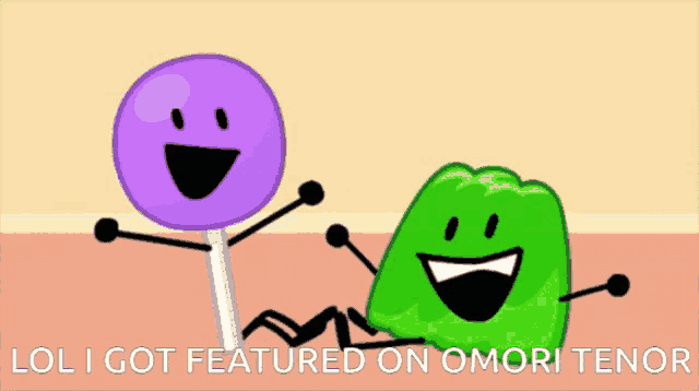 a purple lollipop and a green gummy bear are smiling in a cartoon