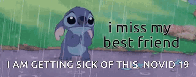a cartoon character is standing in the rain and says i miss my best friend .