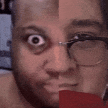 a close up of a man 's face with glasses and a close up of another man 's face with glasses