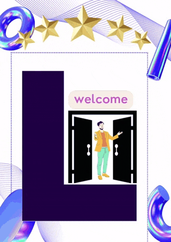 an illustration of a man standing in front of an open door with the word welcome above him