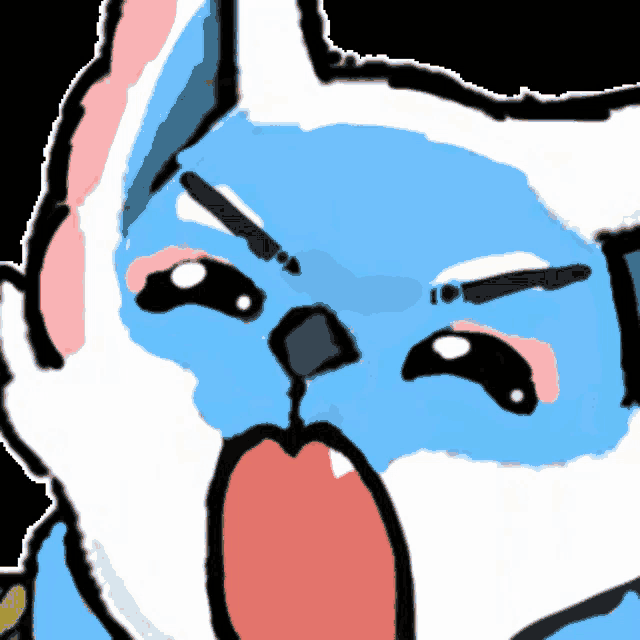 a cartoon drawing of a blue and white cat with a surprised look on its face