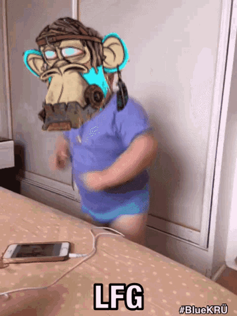 a person with a monkey mask on their head and the word lfg below them