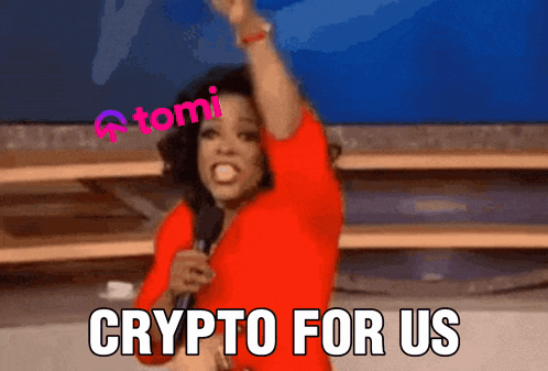 a woman in a red shirt is holding a microphone and saying crypto for us