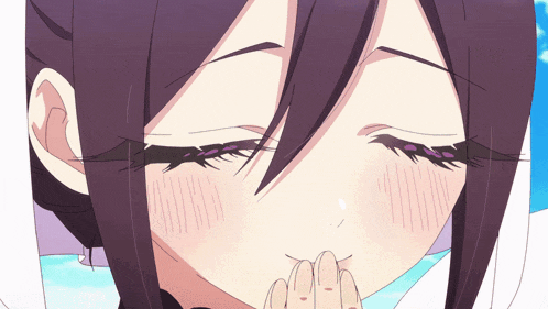 a close up of a girl with purple hair covering her mouth with her hand