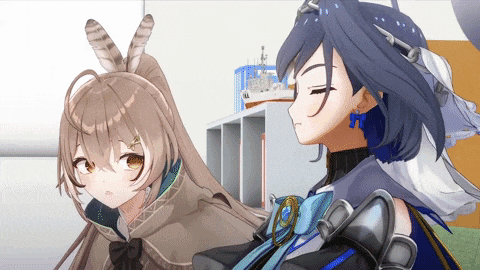 two anime girls are standing next to each other with their eyes closed .