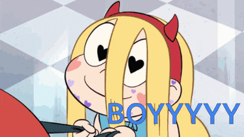 a cartoon girl with devil horns and the words boyyyy on the bottom