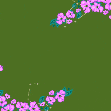 a green background with pink flowers and purple text
