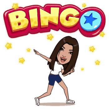 a cartoon woman is dancing in front of a bingo sign