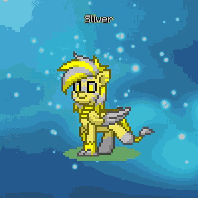 a pixel art drawing of a pony with the name sliver above it
