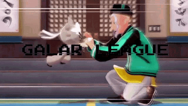 a man in a green jacket is kneeling down and holding a stuffed animal in his hands .