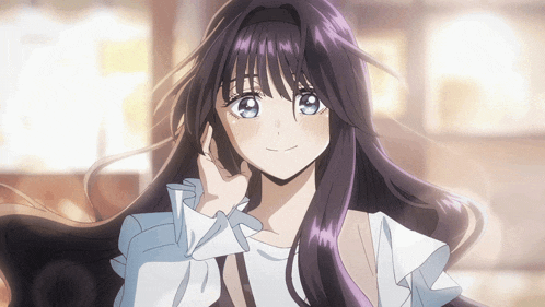 a girl with long purple hair and blue eyes