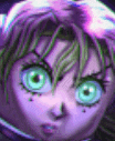 a close up of a person 's face with purple hair and blue eyes .