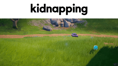 a purple car is driving through a grassy field with the word kidnapping above it