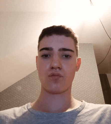 a young man with a gray shirt on looks at the camera
