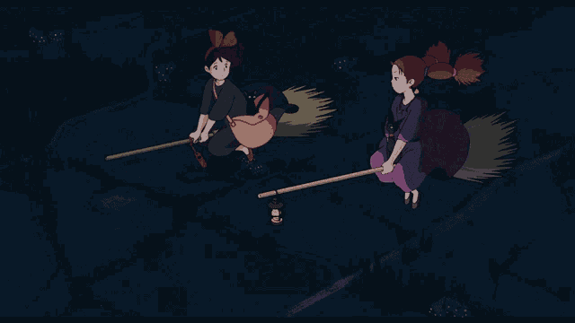two witches are flying on brooms in the night sky
