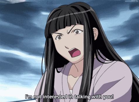 a woman in a purple shirt says " i 'm not interested in talking with you "