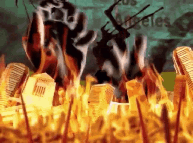 a painting of a city on fire with a sign that says los angeles in the background
