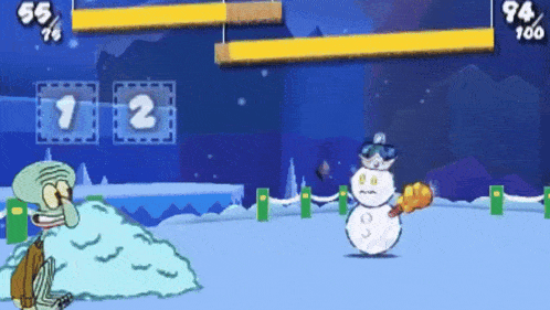 squidward and a snowman are playing a video game with a score of 94/100