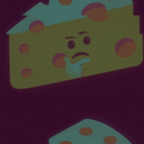 a cartoon drawing of a slice of cheese with a hand on its chin