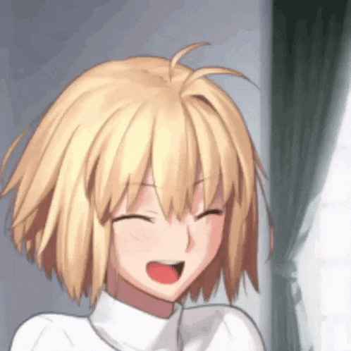 a blonde anime girl is laughing with her eyes closed and her mouth open .