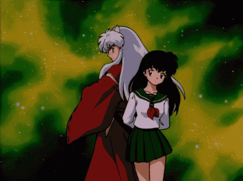 a man and a girl are standing next to each other with a green background