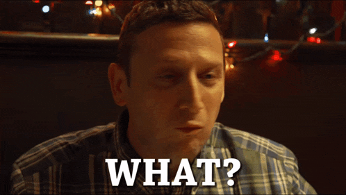 a man in a plaid shirt is asking the question " what "