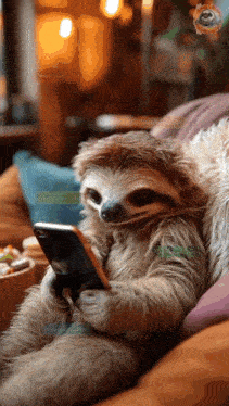 a sloth is laying on a couch and looking at a cell phone