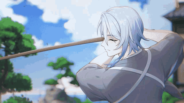 a man with white hair is holding a wooden stick in his hand