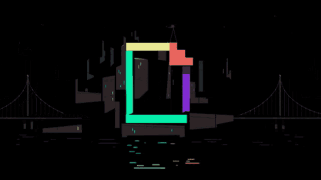 an illustration of a city with a bridge in the background and a rainbow of colors