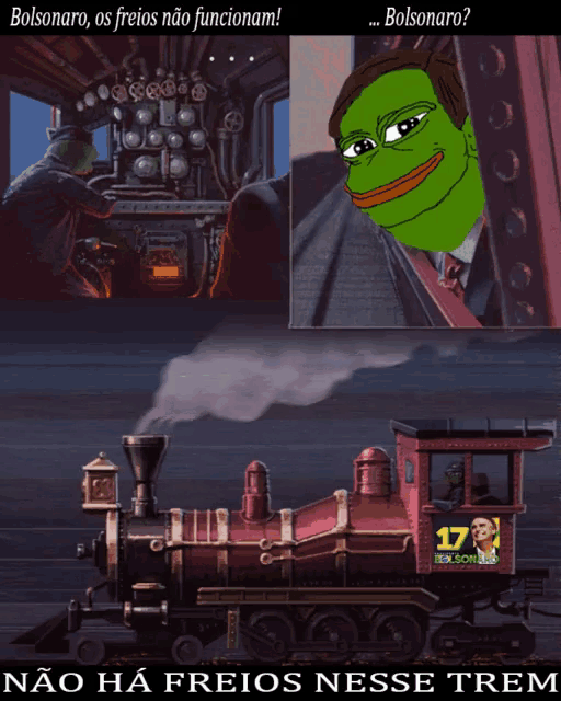 a cartoon of a man driving a train next to a cartoon of a green frog